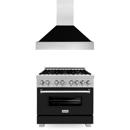 ZLINE 36 in. Kitchen Package with Satin Stainless Steel Dual Fuel Range with Black Matte Door and Convertible Vent Range Hood (2KP-RASBLMRH36)