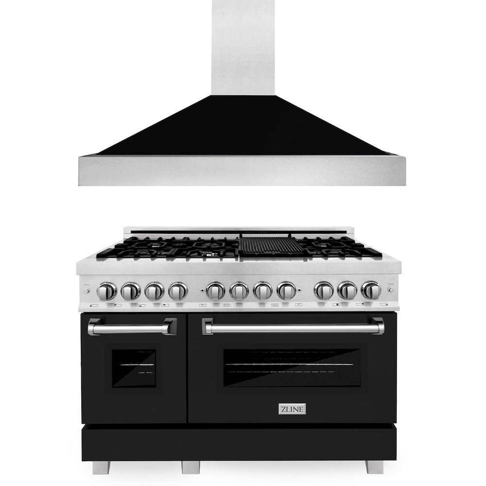 ZLINE 48 in. Kitchen Package with Satin Stainless Steel Dual Fuel Range with Black Matte Door and Convertible Vent Range Hood (2KP-RASBLMRH48)