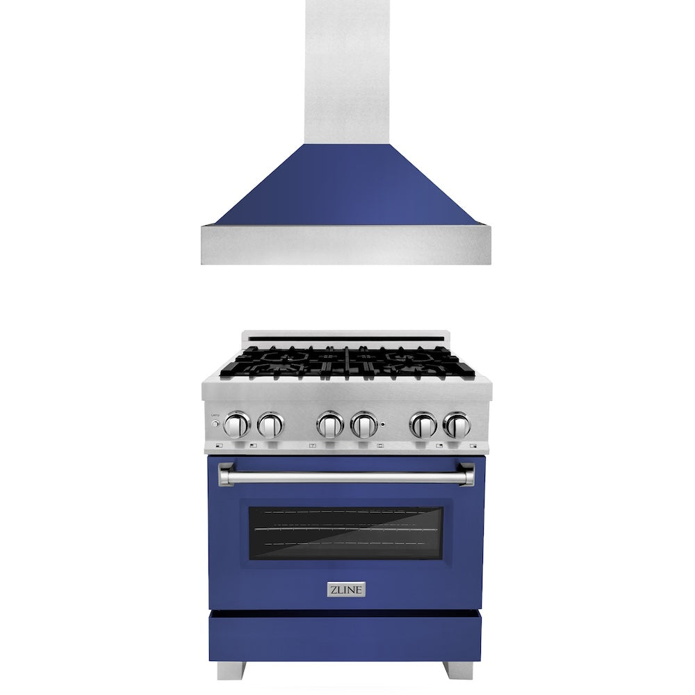 ZLINE 30 in. Kitchen Package with Fingerprint Resistant Stainless Steel Dual Fuel Range with Blue Matte Door and Convertible Vent Range Hood (2KP-RASBMRH30)