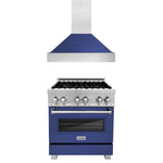 ZLINE 30 in. Kitchen Package with Satin Stainless Steel Dual Fuel Range with Blue Matte Door and Convertible Vent Range Hood (2KP-RASBMRH30)