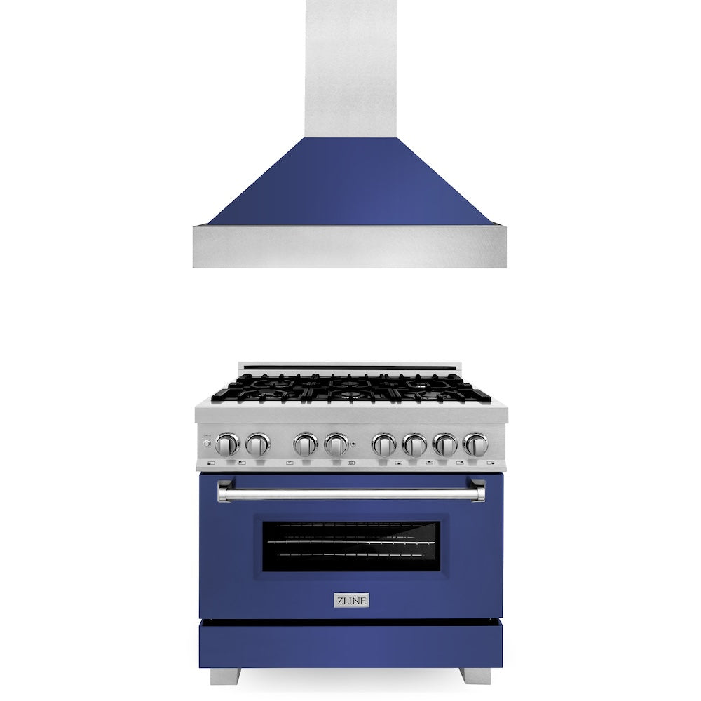 ZLINE 36 in. Kitchen Package with Fingerprint Resistant Stainless Steel Dual Fuel Range with Blue Matte Door and Convertible Vent Range Hood (2KP-RASBMRH36)