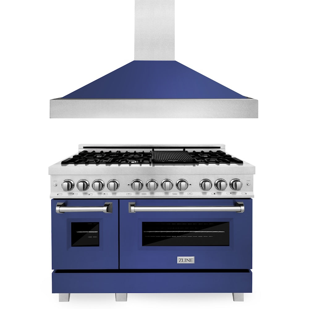 ZLINE 48 in. Kitchen Package with Fingerprint Resistant Stainless Steel Dual Fuel Range with Blue Matte Door and Convertible Vent Range Hood (2KP-RASBMRH48)