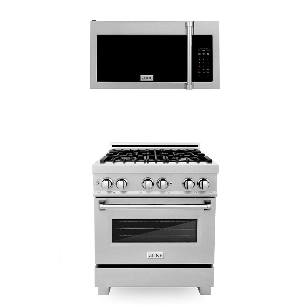ZLINE 30 in. Kitchen Package with Satin Stainless Steel Dual Fuel Range and Over The Range Microwave (2KP-RASOTRH30)