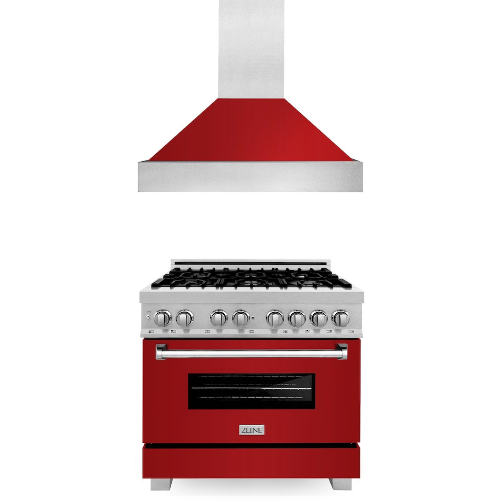 ZLINE 36 in. Kitchen Package with Fingerprint Resistant Stainless Steel Dual Fuel Range with Red Gloss Door and Convertible Vent Range Hood (2KP-RASRGRH36)