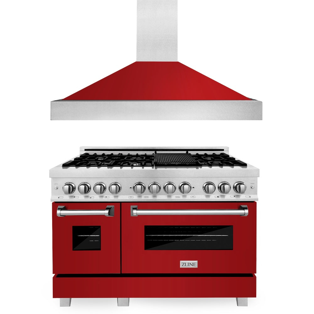 ZLINE 48 in. Kitchen Package with Fingerprint Resistant Stainless Steel Dual Fuel Range with Red Gloss Door and Convertible Vent Range Hood (2KP-RASRGRH48)