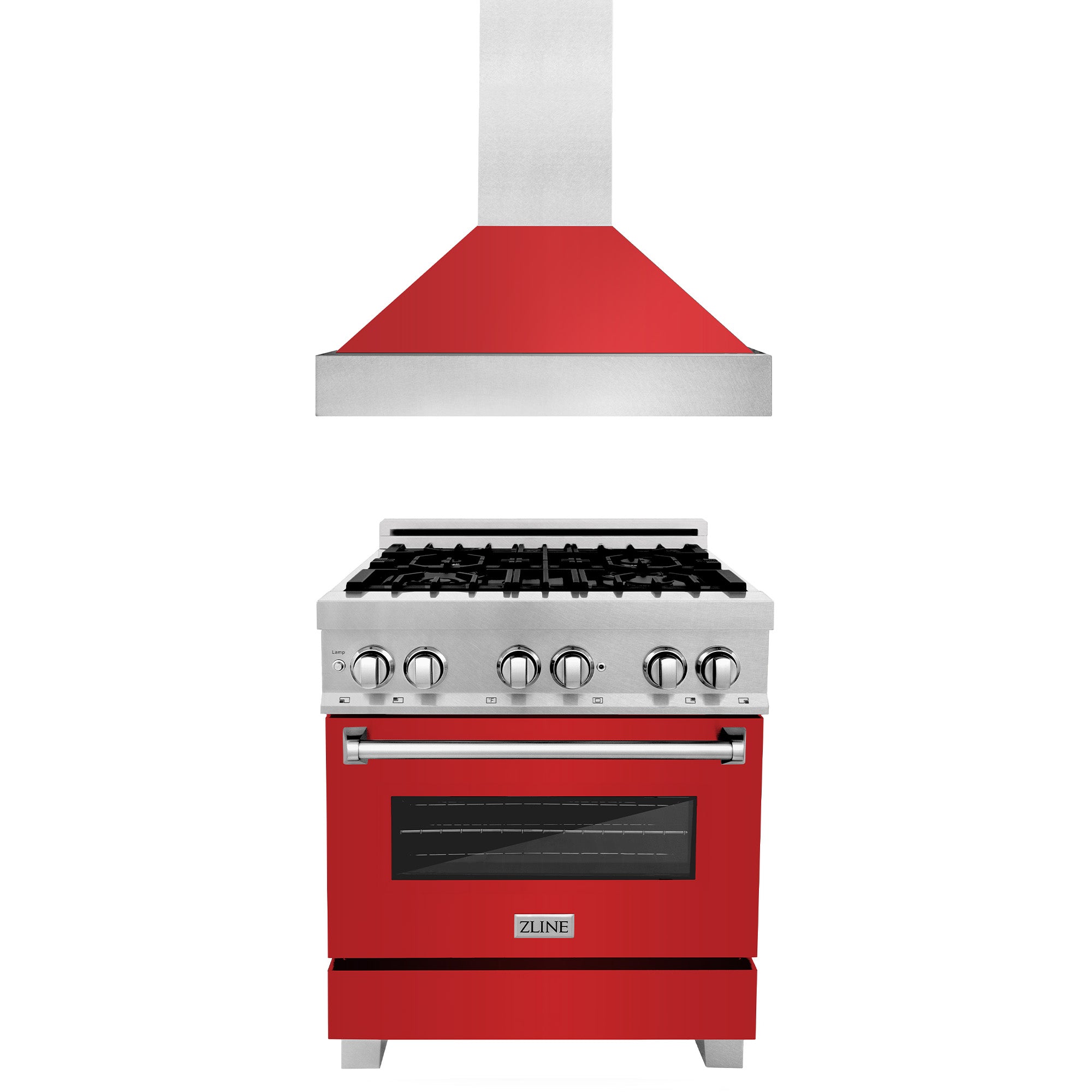 ZLINE 30 in. Kitchen Package with Fingerprint Resistant Stainless Steel Dual Fuel Range with Red Matte Door and Convertible Vent Range Hood (2KP-RASRMRH30)