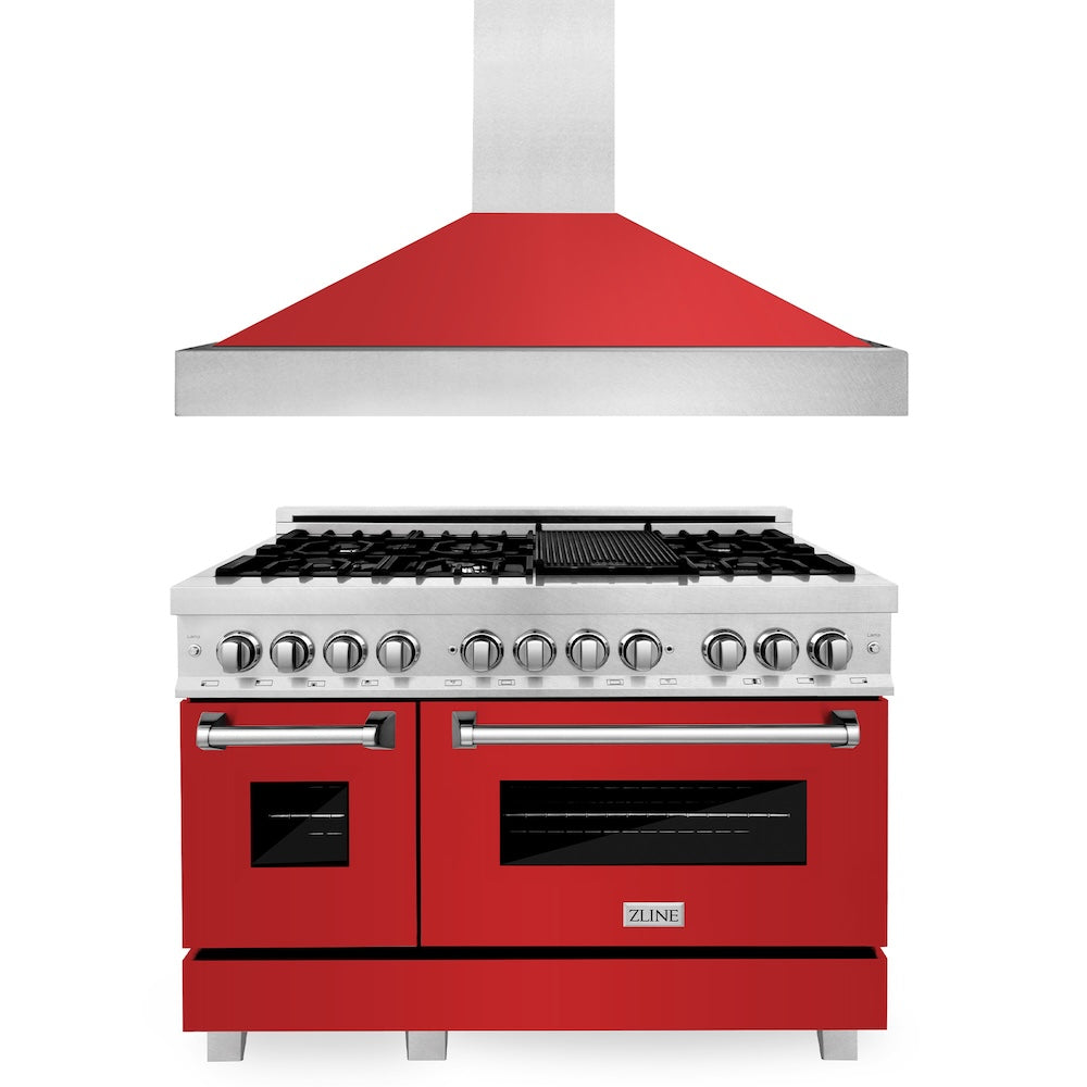 ZLINE 48 in. Kitchen Package with Satin Stainless Steel Dual Fuel Range with Red Matte Door and Convertible Vent Range Hood (2KP-RASRMRH48)