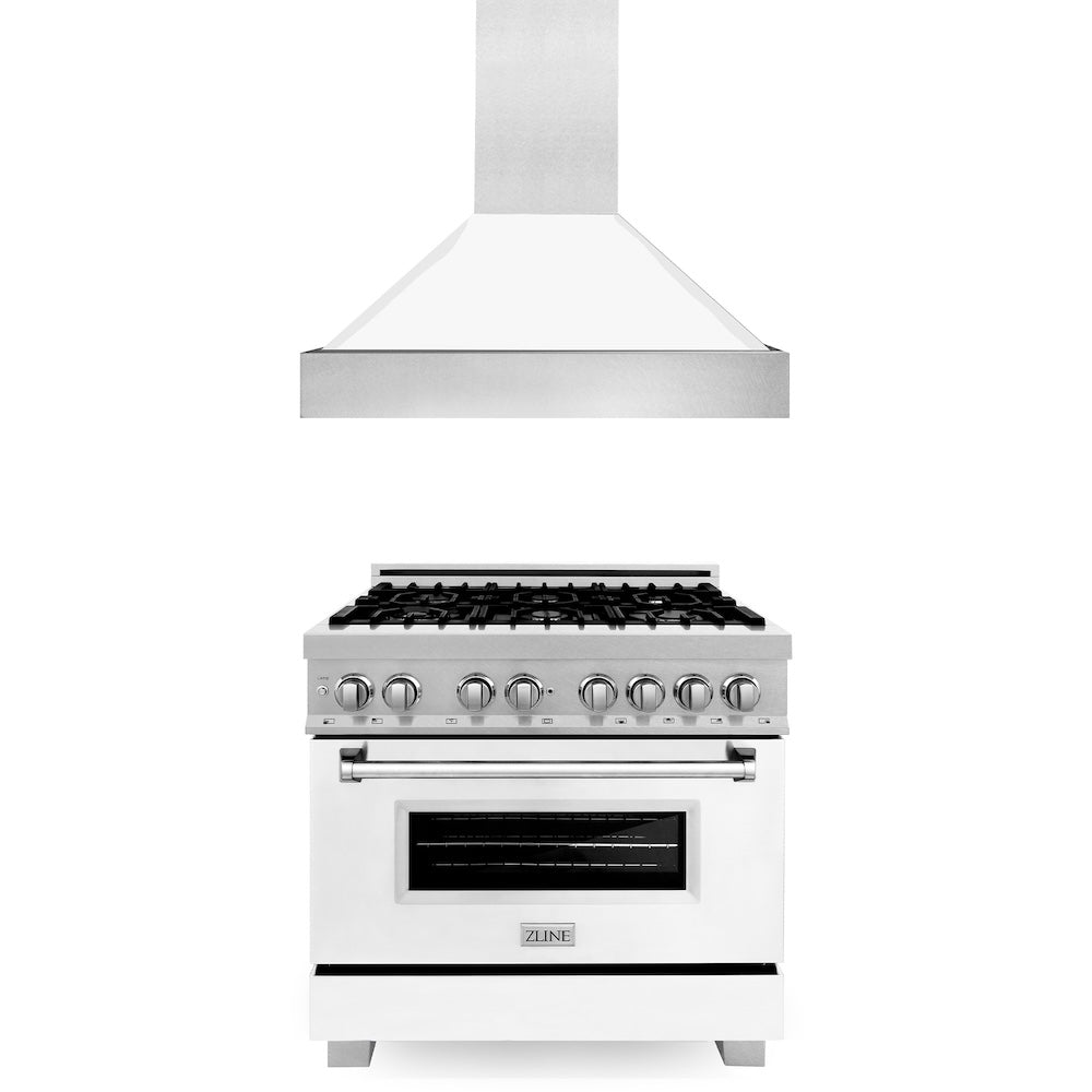 ZLINE 36 in. Kitchen Package with Satin Stainless Steel Dual Fuel Range with White Matte Door and Convertible Vent Range Hood (2KP-RASWMRH36)