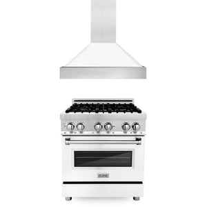 ZLINE 30 in. Kitchen Package with Stainless Steel Dual Fuel Range with White Matte Door and Convertible Vent Range Hood (2KP-RAWMRH30)