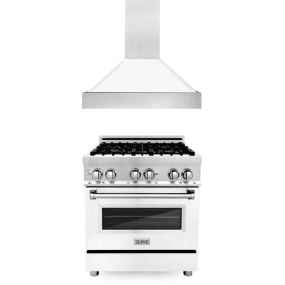 ZLINE 30 in. Kitchen Package with Stainless Steel Dual Fuel Range with White Matte Door and Convertible Vent Range Hood (2KP-RAWMRH30)