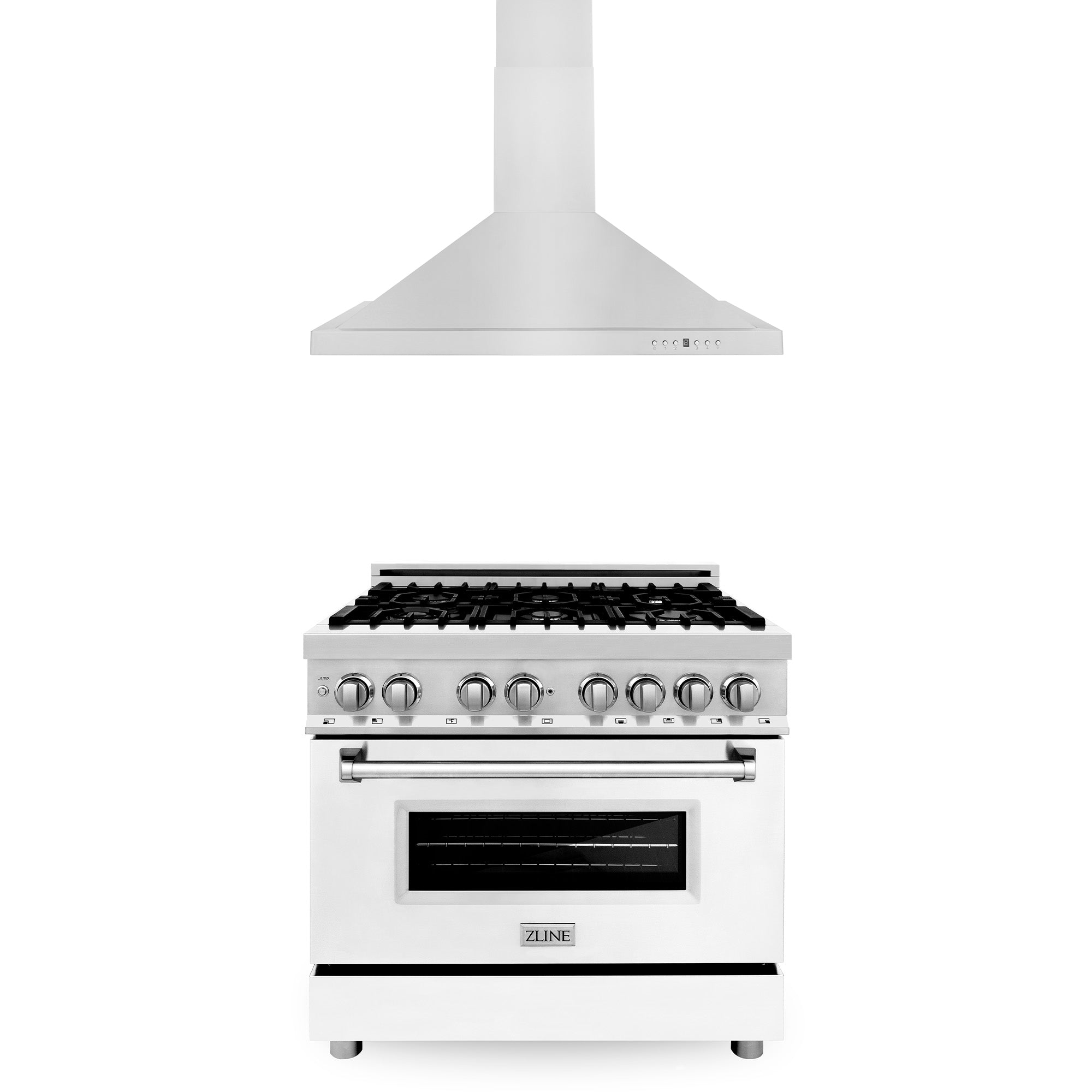 ZLINE 36 in. Kitchen Package with Stainless Steel Dual Fuel Range with White Matte Door and Convertible Vent Range Hood (2KP-RAWMRH36)