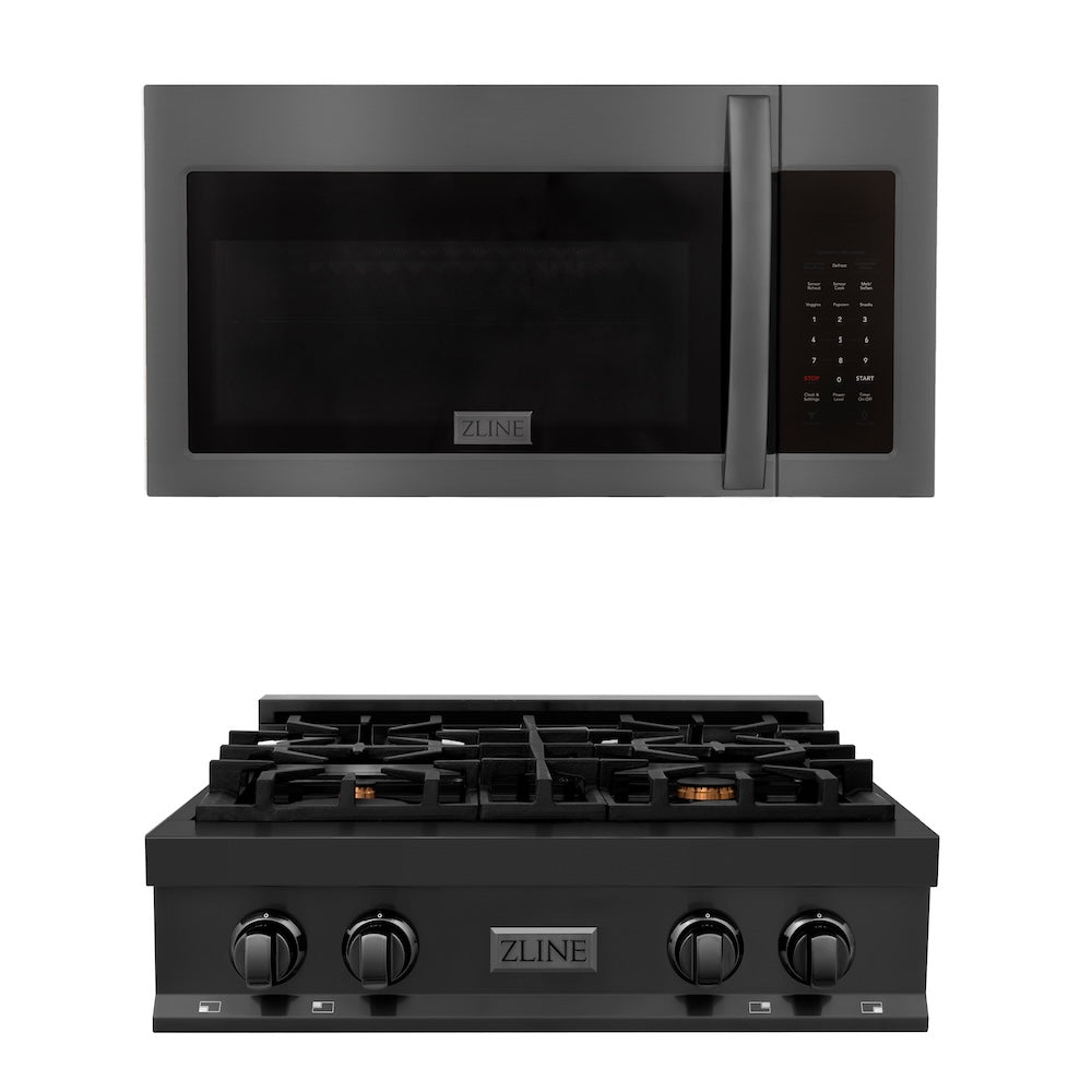 ZLINE Kitchen Package with 30 in. Black Stainless Steel Rangetop and 30 in. Over The Range Microwave with Modern Handle (2KP-RTBOTR30)