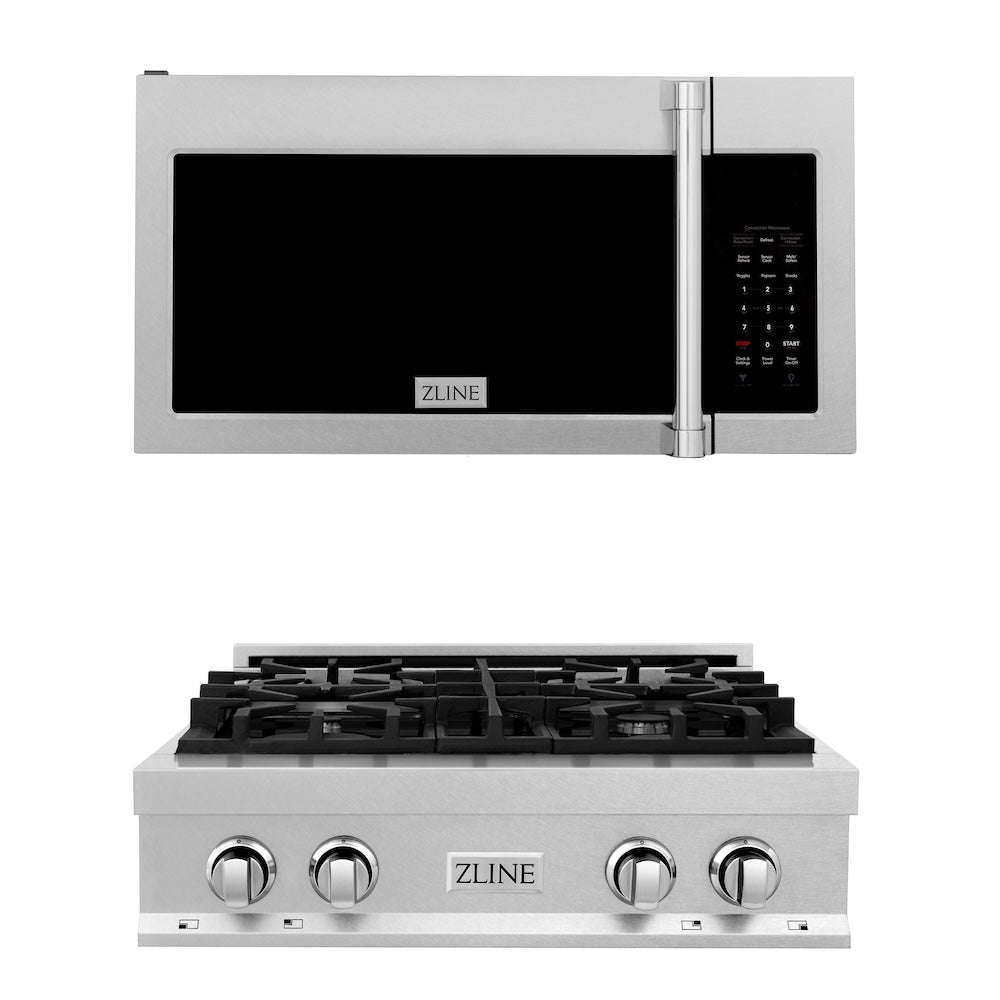 ZLINE Kitchen Package with 30 in. DuraSnow Stainless Steel Rangetop and 30 in. Over The Range Microwave with Modern Handle (2KP-RTSOTR30)