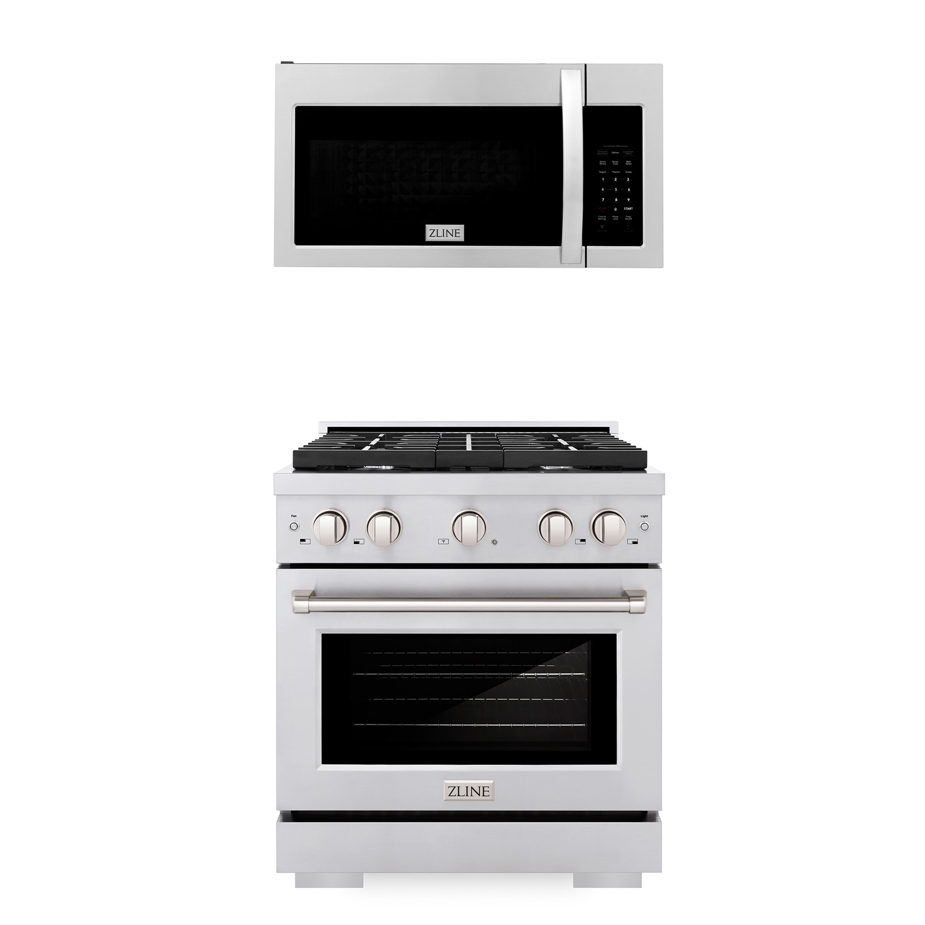 ZLINE 30 in. Kitchen Package Stainless Steel Gas Range and Over The Range Microwave with Modern Handle