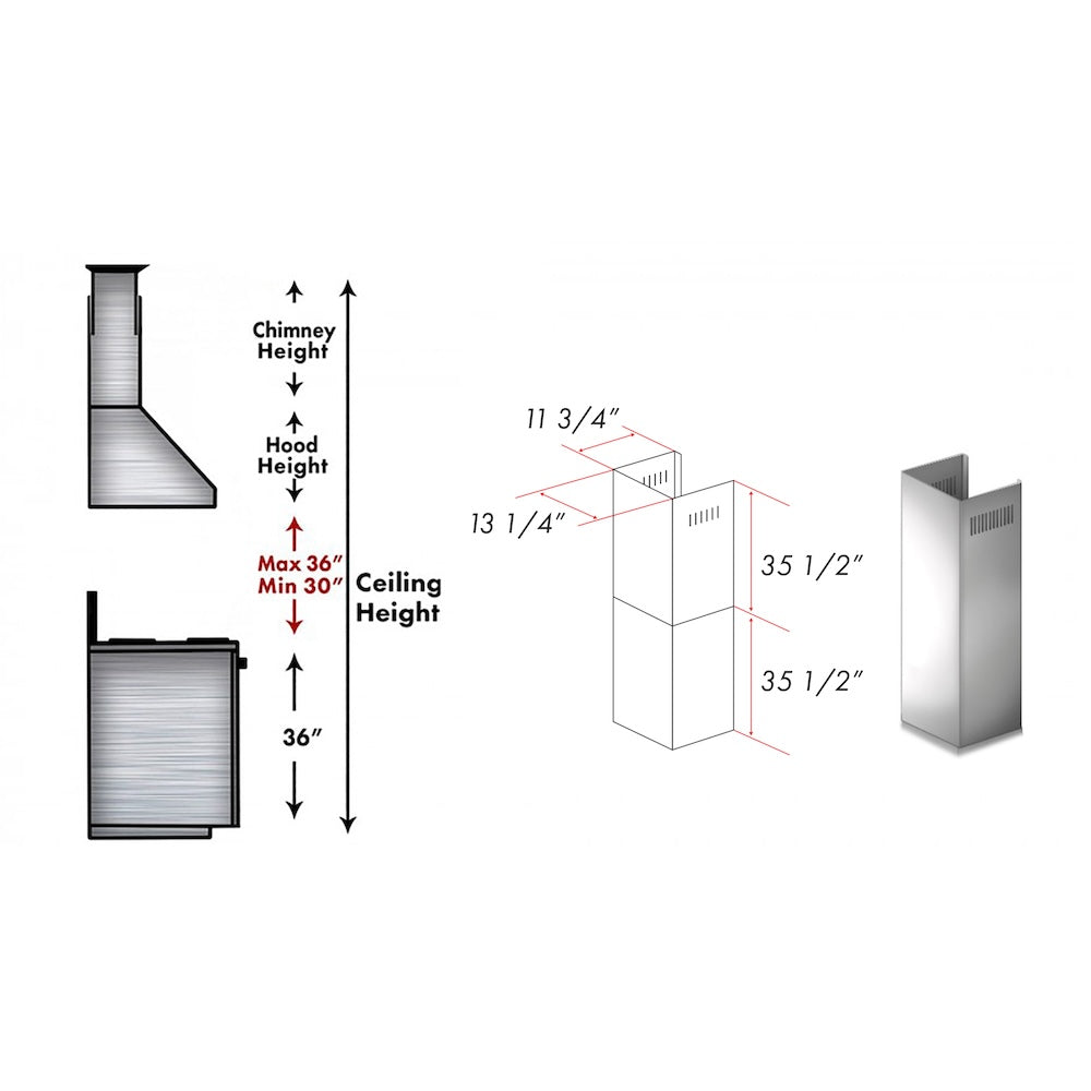 ZLINE 2-36 in. Chimney Extensions for 10 ft. to 12 ft. Ceilings (2PCEXT-8654ST) dimensional diagram.