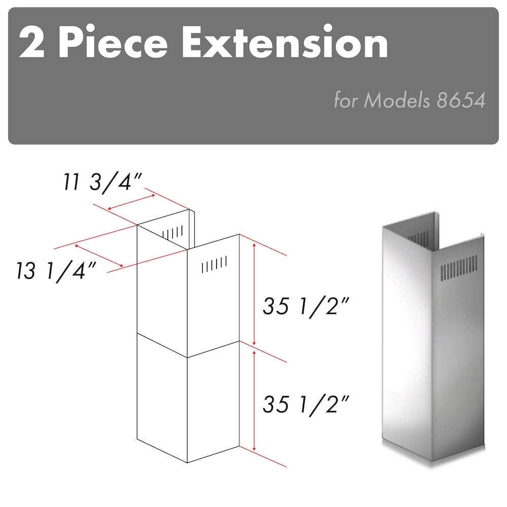 ZLINE 2-36 in. Chimney Extensions for 10 ft. to 12 ft. Ceilings (2PCEXT-8654ST) dimensional diagram.