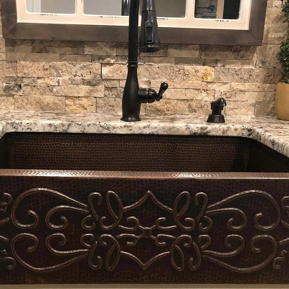 Premier Copper 30 in. Apron Front Single Basin Kitchen Sink with Scroll Design in Hammered Copper Finish