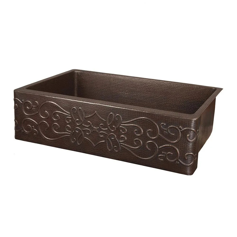 Premier Copper 30 in. Apron Front Single Basin Kitchen Sink with Scroll Design in Hammered Copper Finish