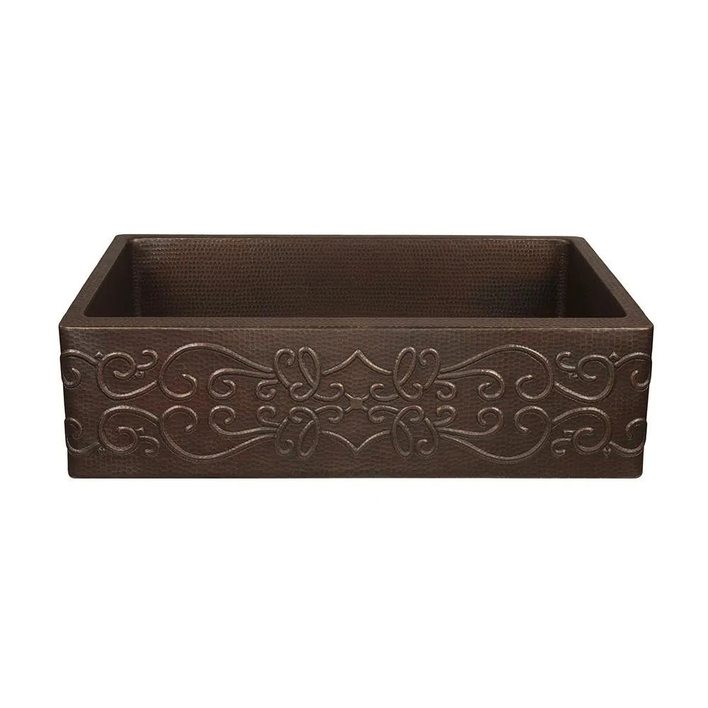 Premier Copper 30 in. Apron Front Single Basin Kitchen Sink with Scroll Design in Hammered Copper Finish