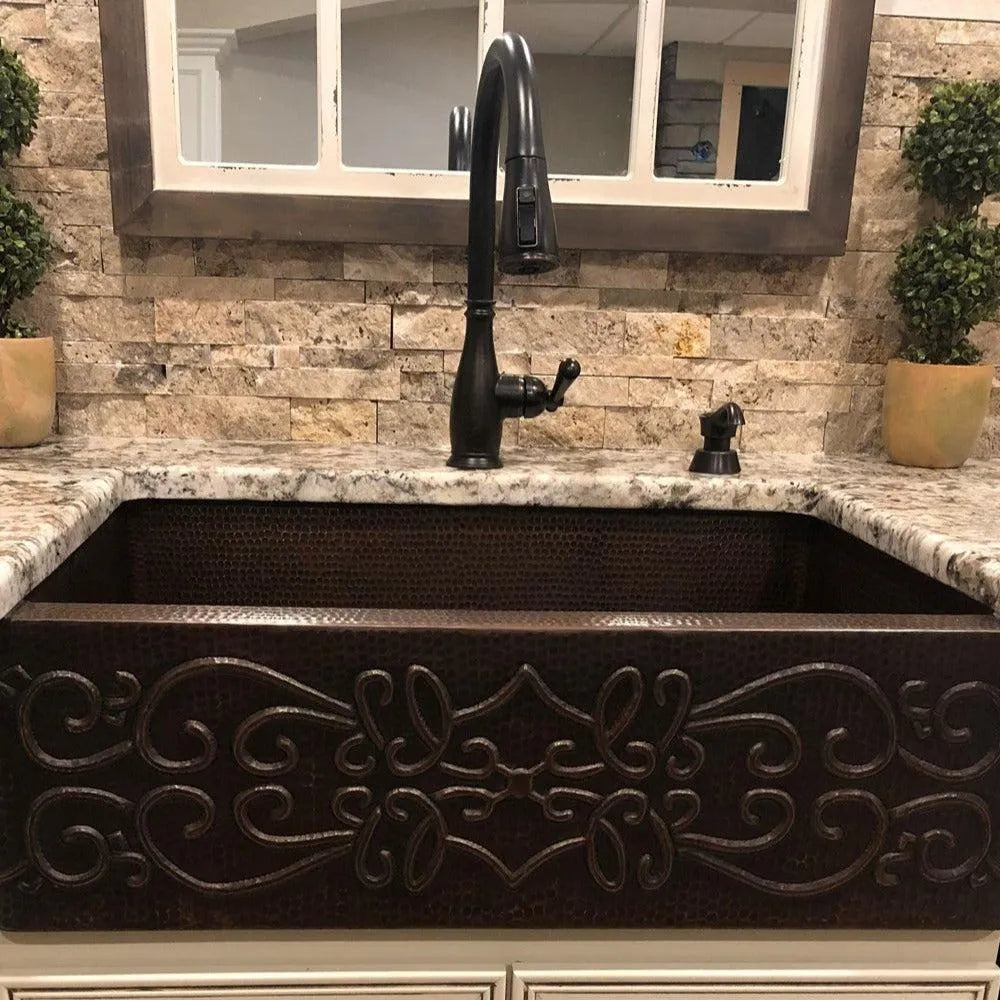 Premier Copper 30 in. Apron Front Single Basin Kitchen Sink with Scroll Design in Hammered Copper Finish