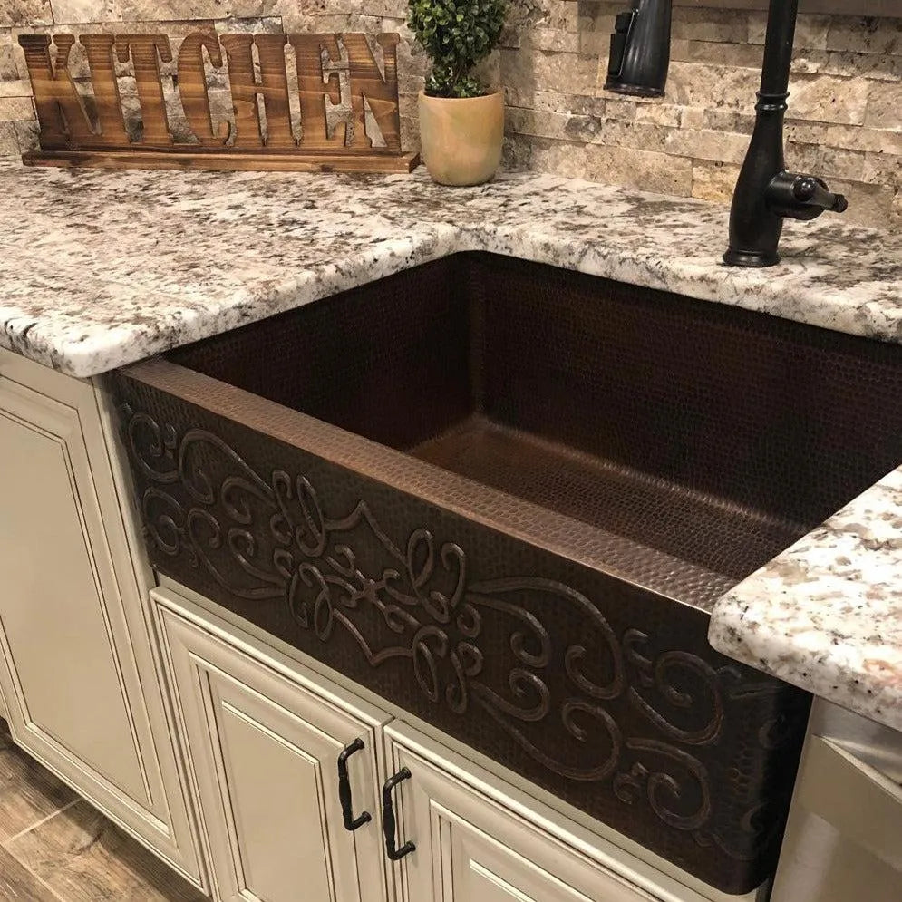 Premier Copper 30 in. Apron Front Single Basin Kitchen Sink with Scroll Design in Hammered Copper Finish