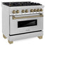 ZLINE Autograph Edition 36 in. 4.6 cu. ft. Legacy Dual Fuel Range with 6 Burner Gas Cooktop and Electric Convection Oven in Stainless Steel and Champagne Bronze Accents, Open Box-Great Condition