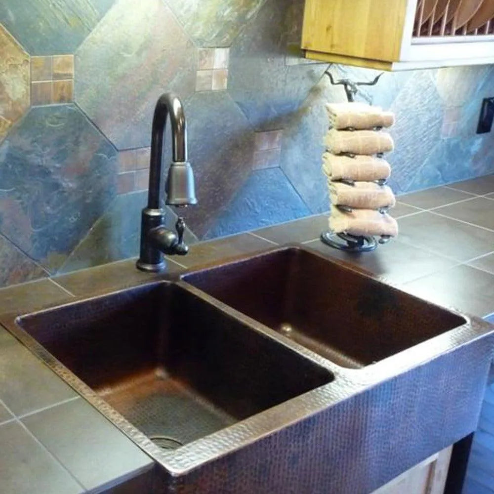 Premier Copper 33 in. Apron Front 50/50 Double Basin Kitchen Sink in Hammered Copper