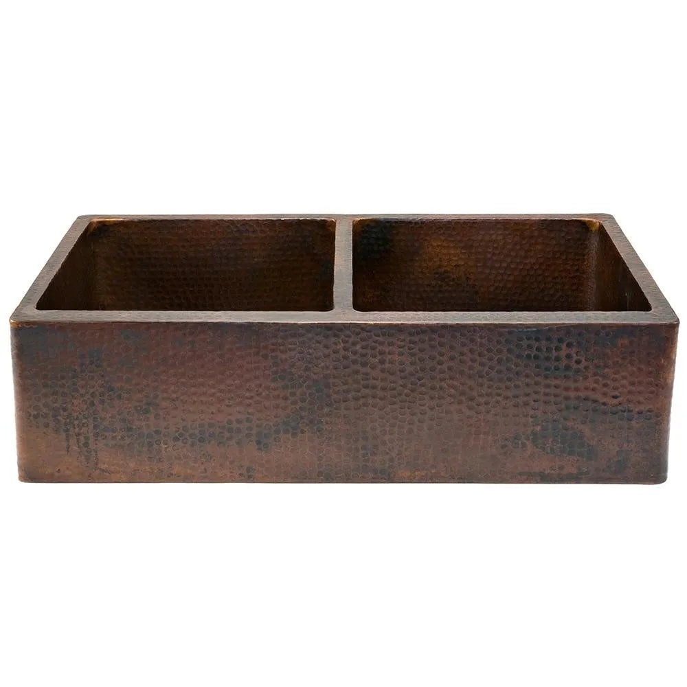 Premier Copper 33 in. Apron Front 50/50 Double Basin Kitchen Sink in Hammered Copper