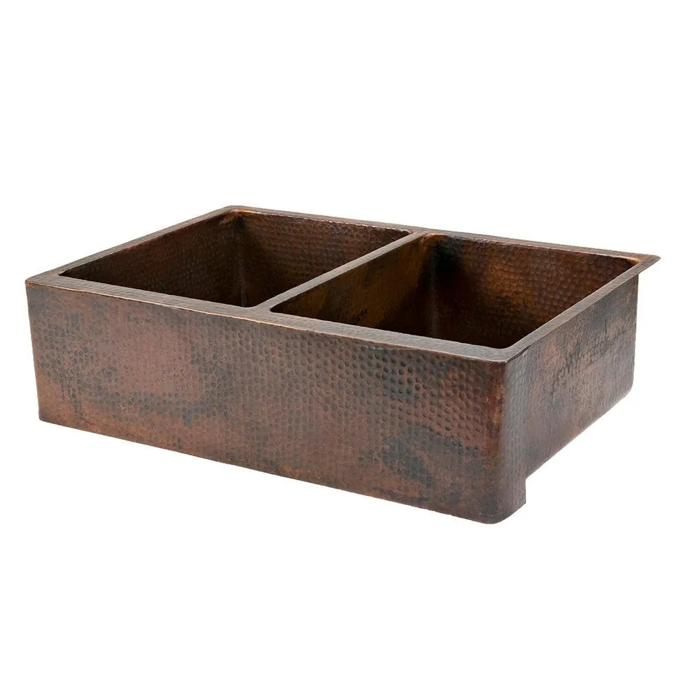 Premier Copper 33 in. Apron Front 50/50 Double Basin Kitchen Sink in Hammered Copper