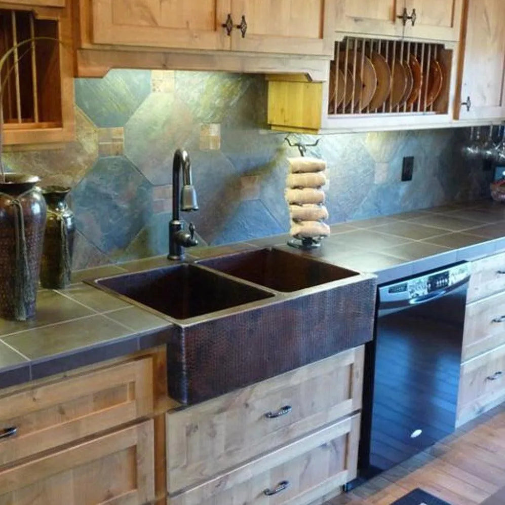 Premier Copper 33 in. Apron Front 50/50 Double Basin Kitchen Sink in Hammered Copper