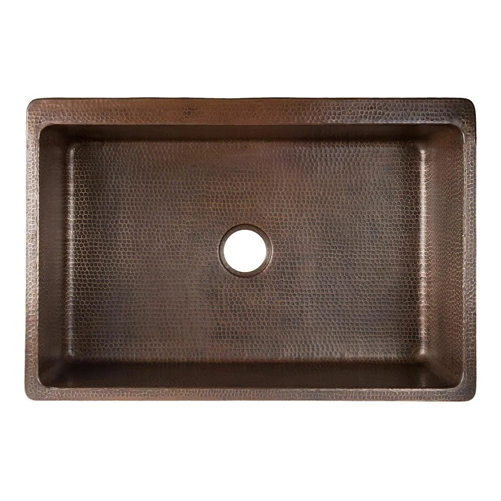 Premier Copper 33 in. Apron Front Single Basin Kitchen Sink w/ Fleur De Lis Design and Nickel Background in Hammered Copper