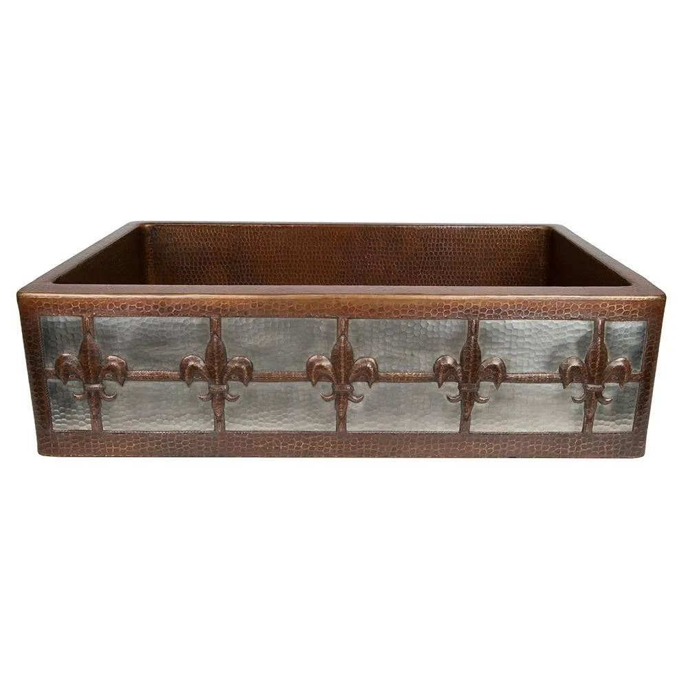 Premier Copper 33 in. Apron Front Single Basin Kitchen Sink w/ Fleur De Lis Design and Nickel Background in Hammered Copper