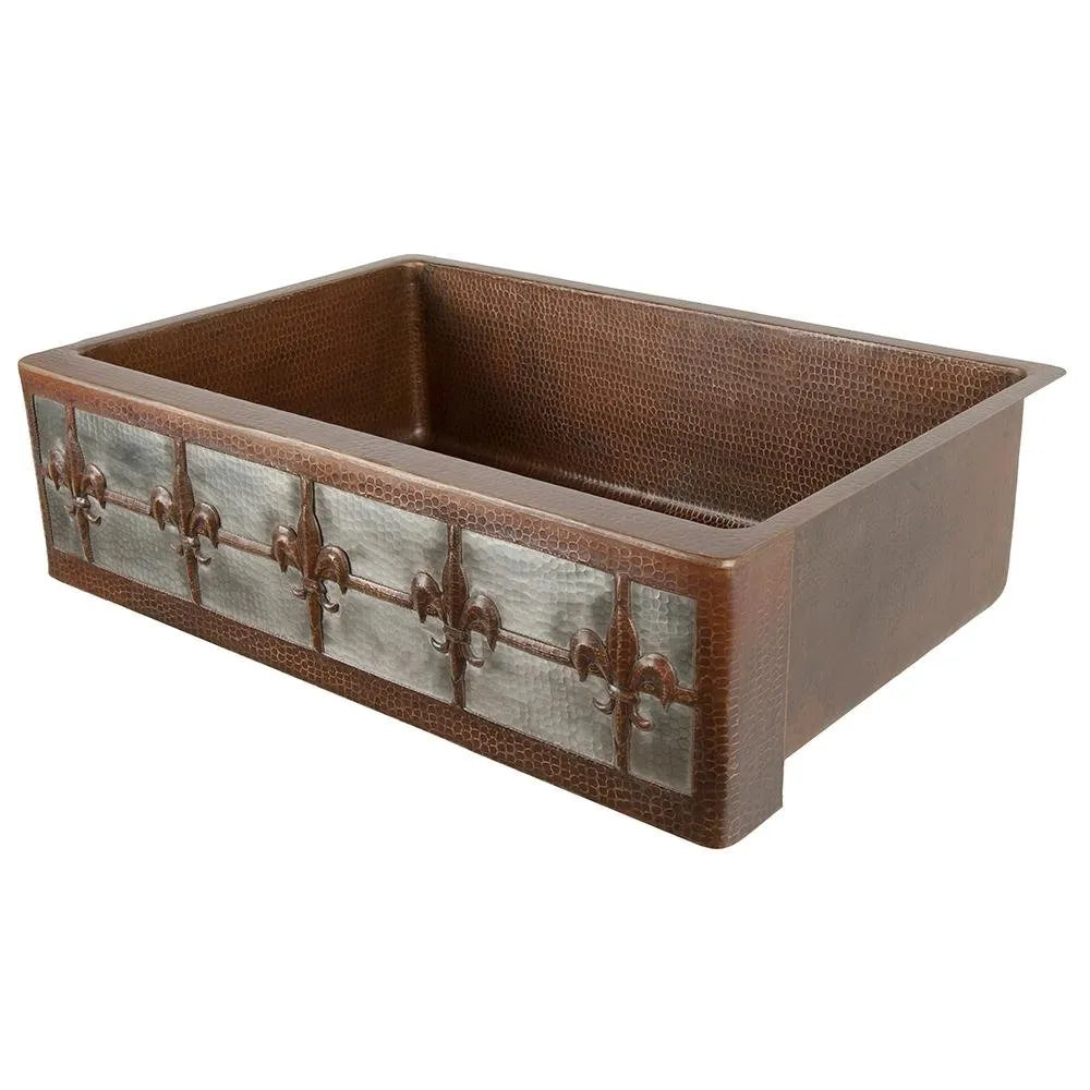 Premier Copper 33 in. Apron Front Single Basin Kitchen Sink w/ Fleur De Lis Design and Nickel Background in Hammered Copper
