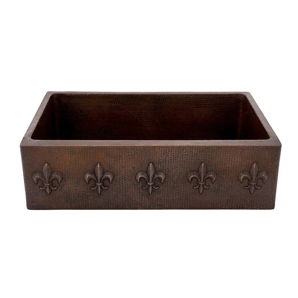 Premier Copper 33 in. Apron Front Single Basin Kitchen Sink w/ Fleur De Lis Design in Hammered Copper