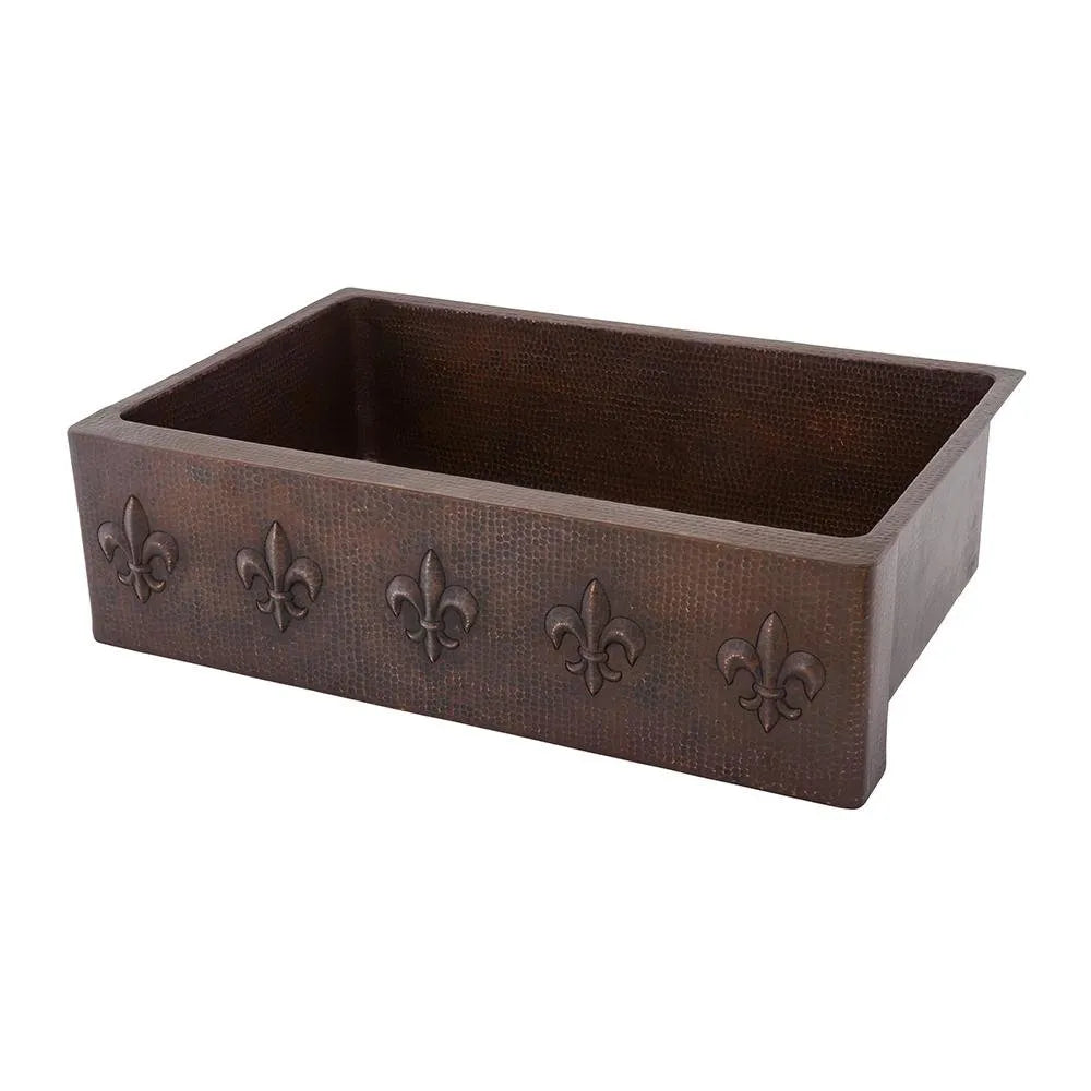 Premier Copper 33 in. Apron Front Single Basin Kitchen Sink w/ Fleur De Lis Design in Hammered Copper