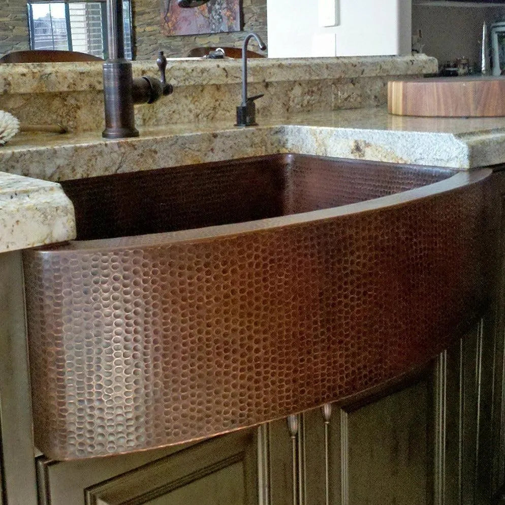 Premier Copper 33 in. Hammered Copper Rounded Apron Front Single Basin Kitchen Sink