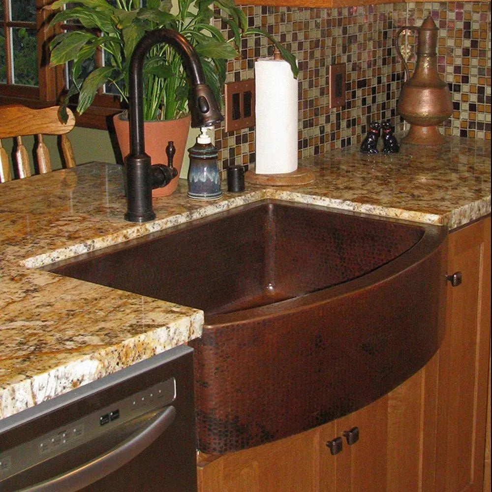 Premier Copper 33 in. Hammered Copper Rounded Apron Front Single Basin Kitchen Sink