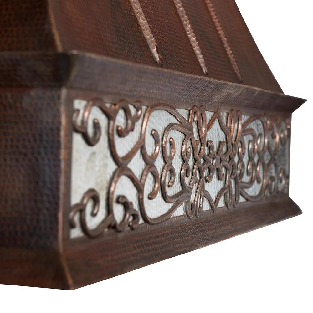 Premier Copper 38 in. Euro Wall Mounted Range Hood with Nickel Background Scroll Design in Hammered Copper