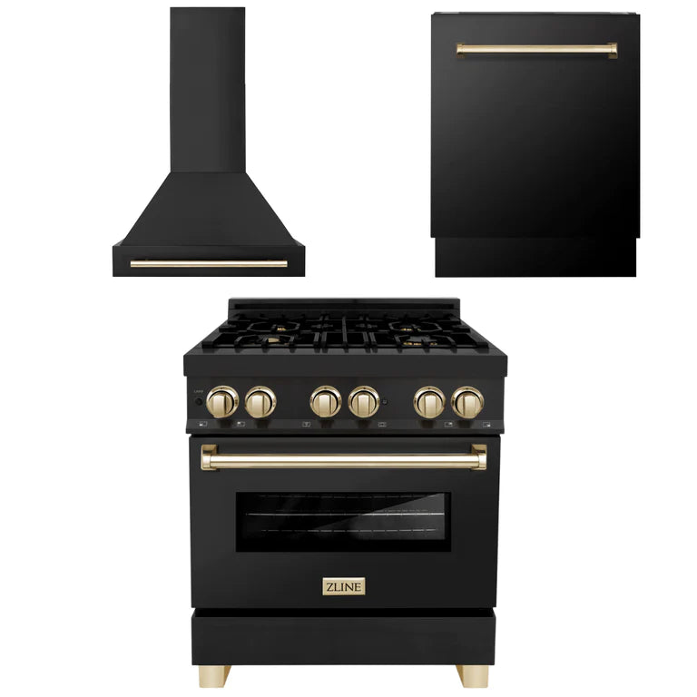 ZLINE 30 in. Autograph Edition Kitchen Package with Black Stainless Steel Dual Fuel Range, Range Hood and Dishwasher with Polished Gold Accents (3AKP-RABRHDWV30-G)