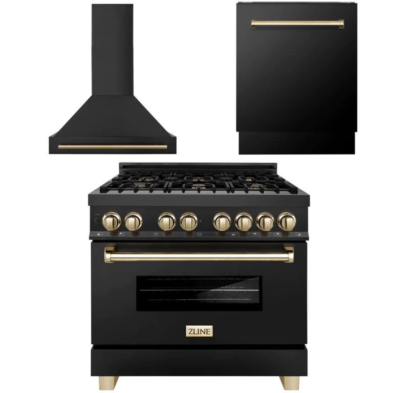 ZLINE 36 in. Autograph Edition Kitchen Package with Black Stainless Steel Dual Fuel Range, Range Hood and Dishwasher with Polished Gold Accents (3AKP-RABRHDWV36-G)