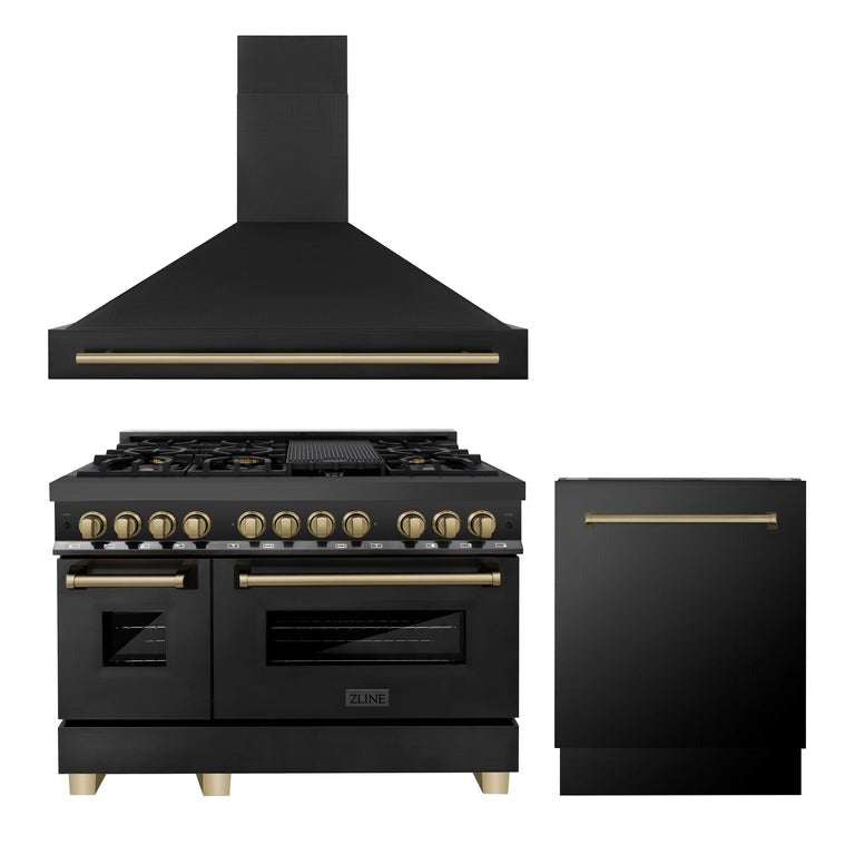 ZLINE 48 in. Autograph Edition Kitchen Package with Black Stainless Steel Dual Fuel Range, Range Hood and Dishwasher with Champagne Bronze Accents (3AKP-RABRHDWV48-CB)