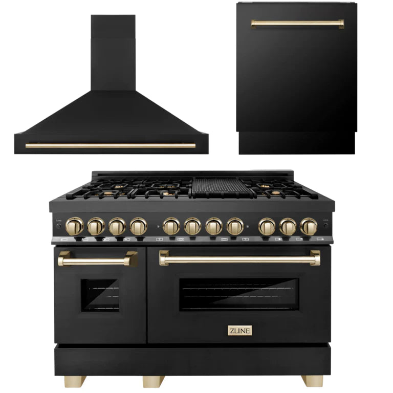 ZLINE 48 in. Autograph Edition Kitchen Package with Black Stainless Steel Dual Fuel Range, Range Hood and Dishwasher with Polished Gold Accents (3AKP-RABRHDWV48-G)