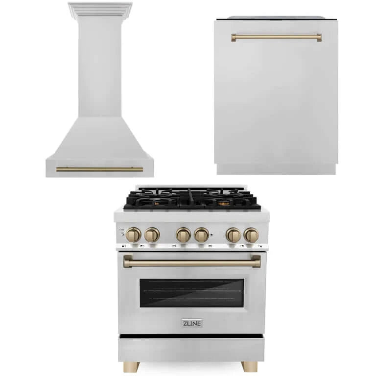 ZLINE 30 in. Autograph Edition Kitchen Package with Stainless Steel Dual Fuel Range and Range Hood with Champagne Bronze Accents