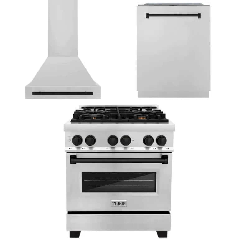 ZLINE Autograph Edition Kitchen Package in Stainless Steel with 30 in. Dual Fuel Range, 30 in. Range Hood, and 24 in. Dishwasher with Matte Black Accents (3AKP-RARHDWM30-MB)