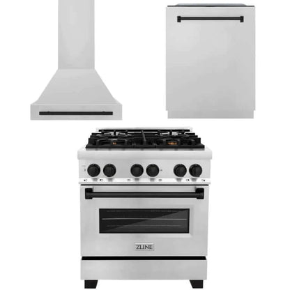 ZLINE Autograph Edition 30 in. Kitchen Package with Stainless Steel Dual Fuel Range, Range Hood and Dishwasher with Matte Black Accents (3AKP-RARHDWM30-MB)