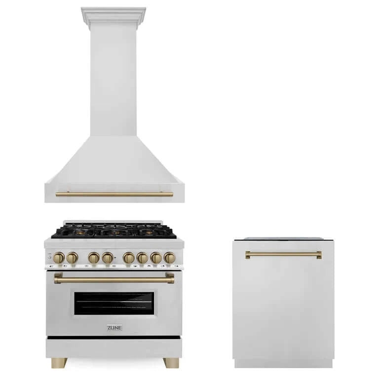 ZLINE Autograph Edition 36 in. Kitchen Package with Stainless Steel Dual Fuel Range, Range Hood and Dishwasher with Champagne Bronze Accents (3AKP-RARHDWM36-CB)