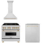 ZLINE Autograph Edition 36 in. Kitchen Package with Stainless Steel Dual Fuel Range, Range Hood and Dishwasher with Polished Gold Accents (3AKP-RARHDWM36-G)