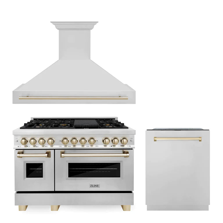 ZLINE 48 in. Autograph Edition Kitchen Package with Stainless Steel Dual Fuel Range, Range Hood and Dishwasher with Polished Gold Accents (3AKP-RARHDWM48-G)