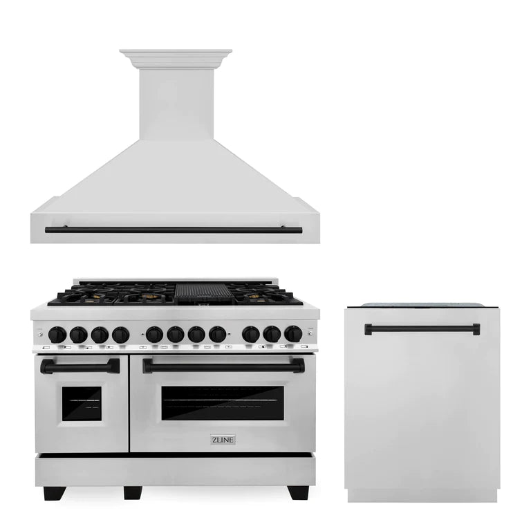 ZLINE Autograph Edition 48 in. Kitchen Package with Stainless Steel Dual Fuel Range, Range Hood and Dishwasher with Matte Black Accents (3AKP-RARHDWM48-MB)