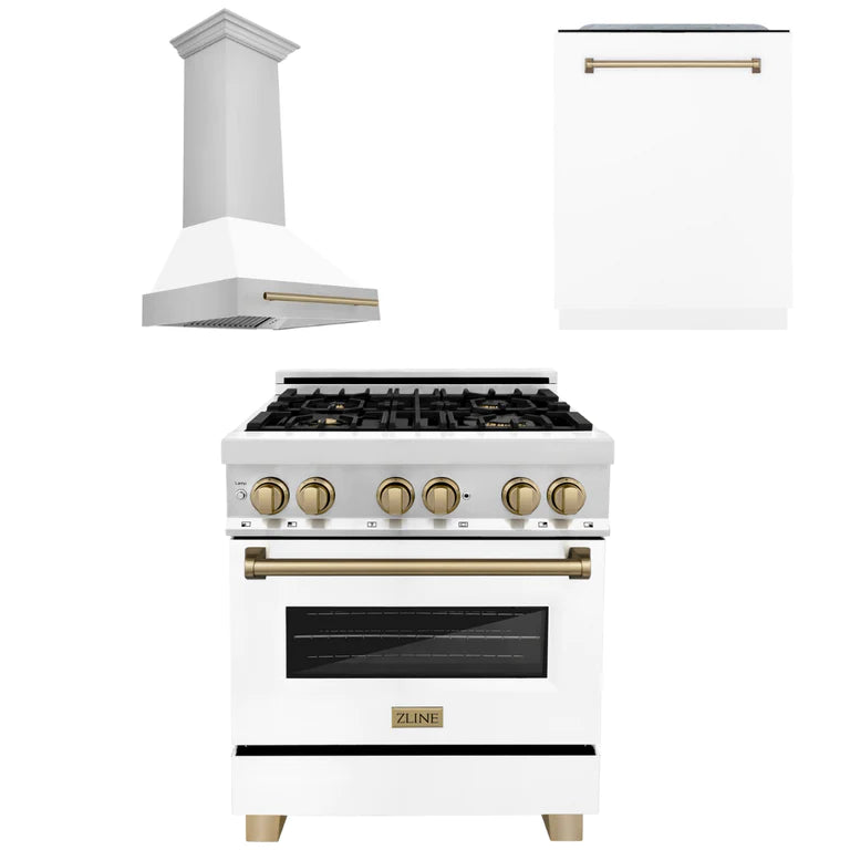 ZLINE Autograph Edition Kitchen Package in Stainless Steel and White Matte with 30 in. Dual Fuel Range, 30 in. Range Hood and 24 in. Dishwasher with Champagne Bronze Accents (3AKP-RAWMRHDWM30-CB)